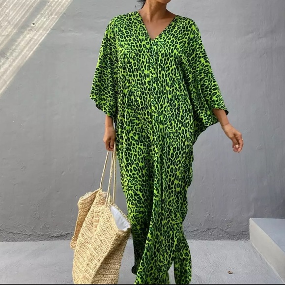 SOLD OUT Lime Green Leopard Animal Print V-Neck Long Maxi Kaftan Kimono Dress - Picture 4 of 8